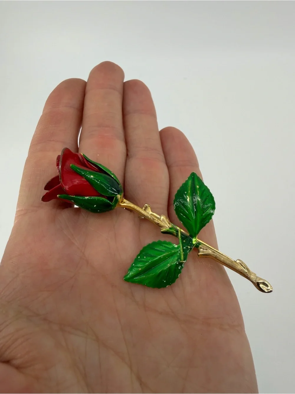 Vintage Red Rose Enamel Brooch Gold Tone Long Stem Flower Pin 1970s Cottagecore